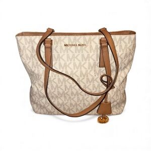 Michael Kors white and tan monogram tote leather designer